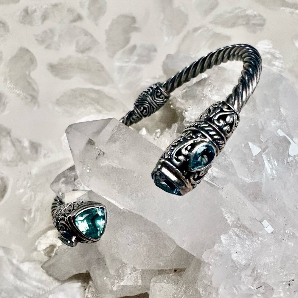 Blue Topaz Sterling Silver Indonesian Design Hinged Cuff Bracelet❣️